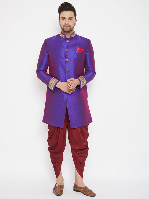 Vastramay Men's Purple Silk Blend Sherwani Set